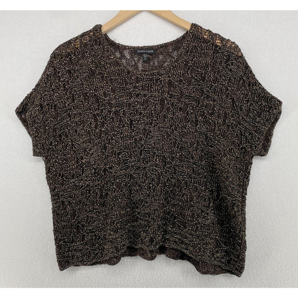 EILEEN FISHER Sweater XS Wrapped Sparkle Pullover Short Sleeve Brown Gold - Picture 1 of 14